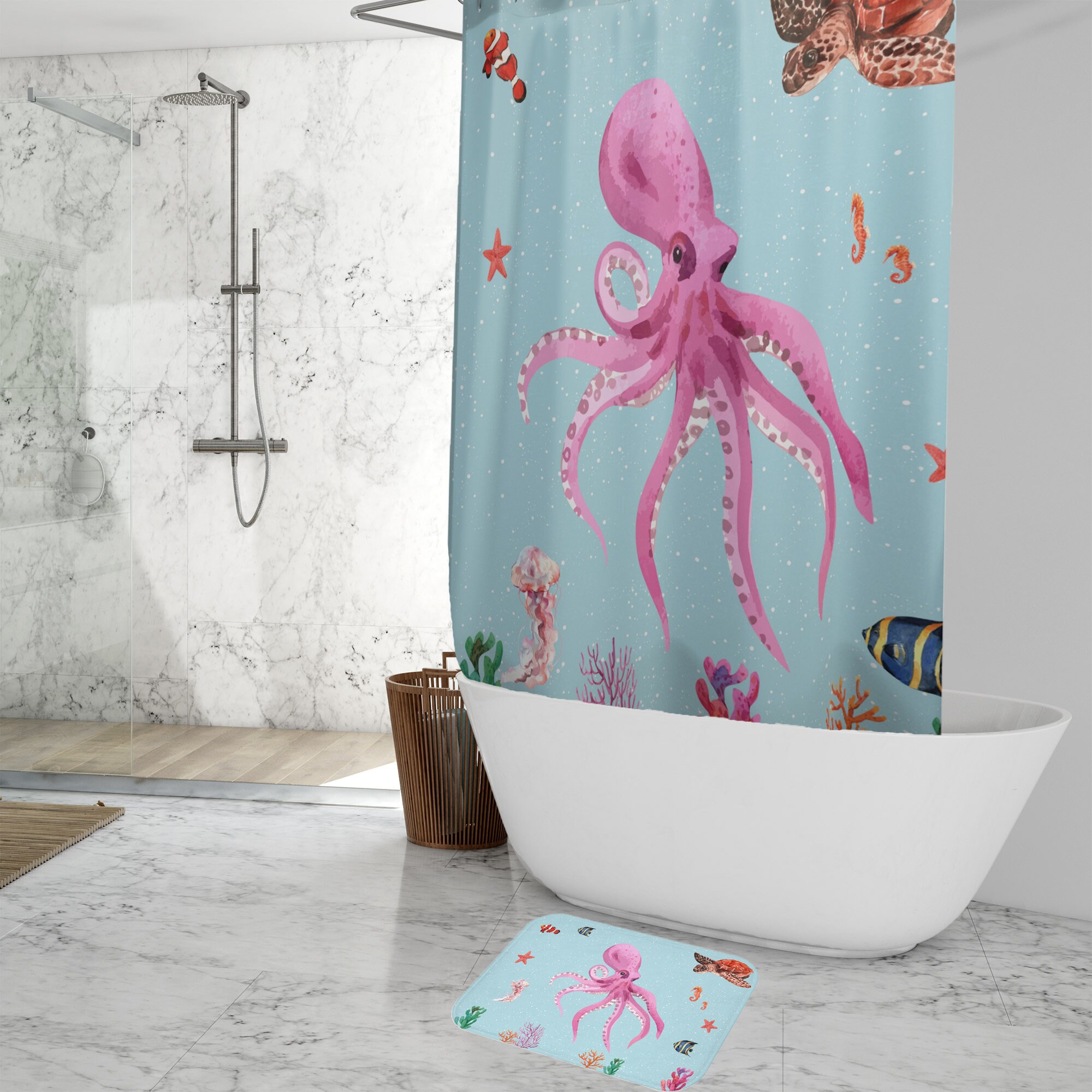 Customized Octopus Bathroom Curtain with Cute Octopus Gifts Print