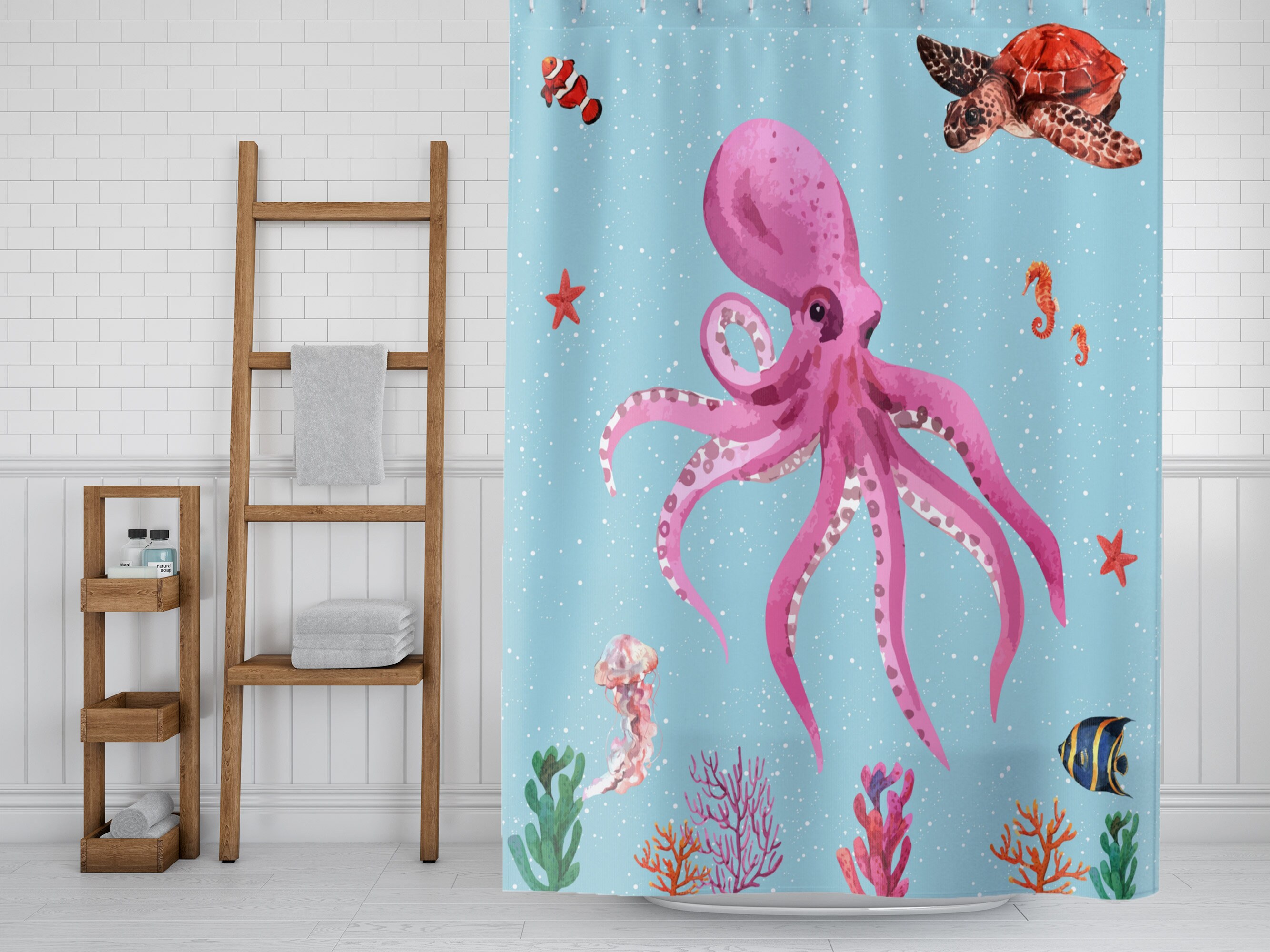 Customized Octopus Bathroom Curtain with Cute Octopus Gifts Print
