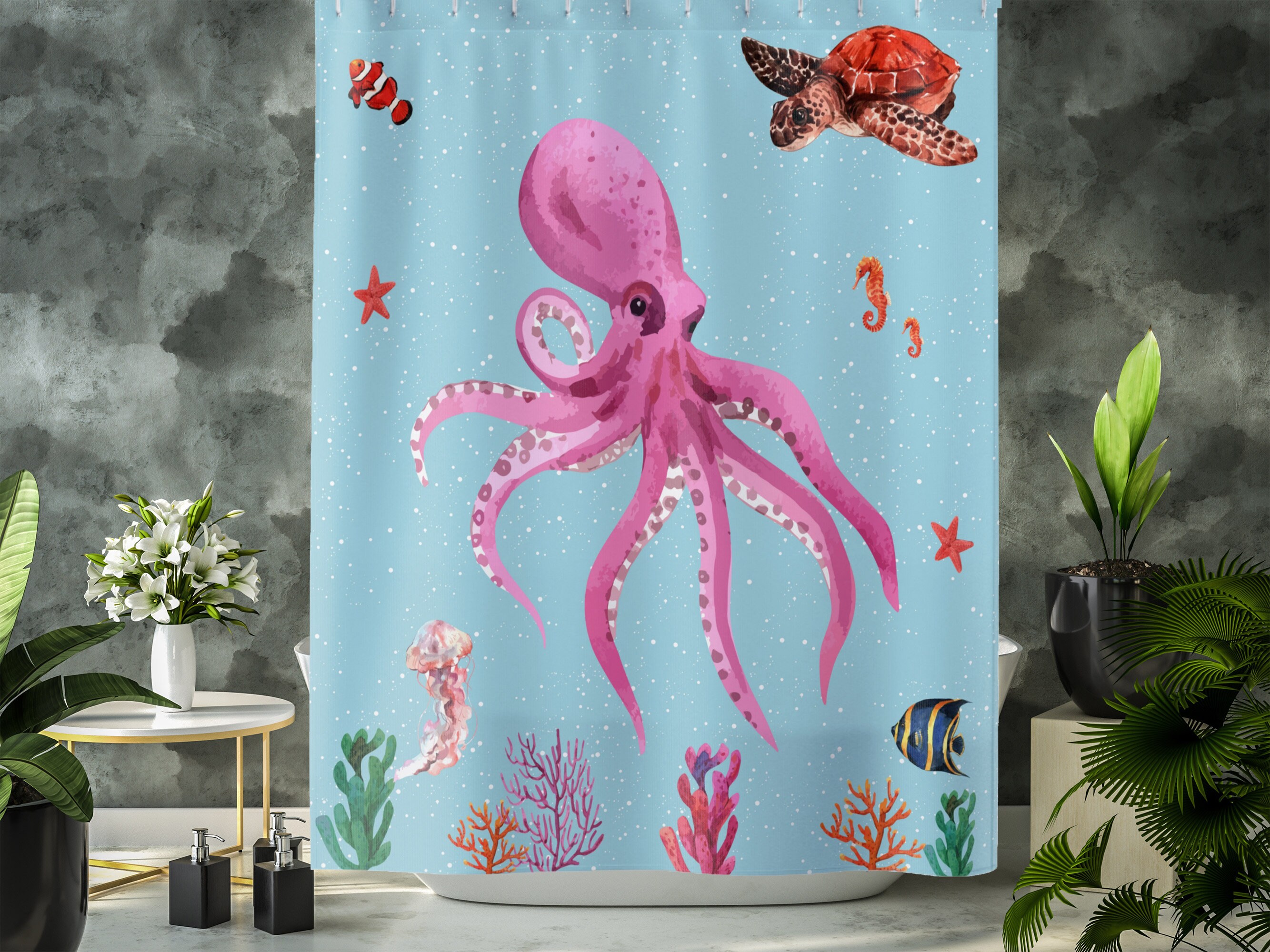 Customized Octopus Bathroom Curtain with Cute Octopus Gifts Print