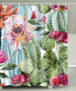 Customized Shower Curtain With Cactus Flower Bathroom Curtain Watercolor Tropical Design