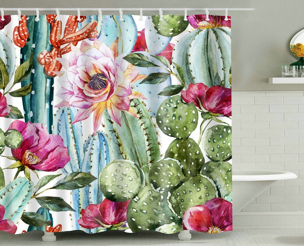Customized Shower Curtain With Cactus Flower Bathroom Curtain Watercolor Tropical Design