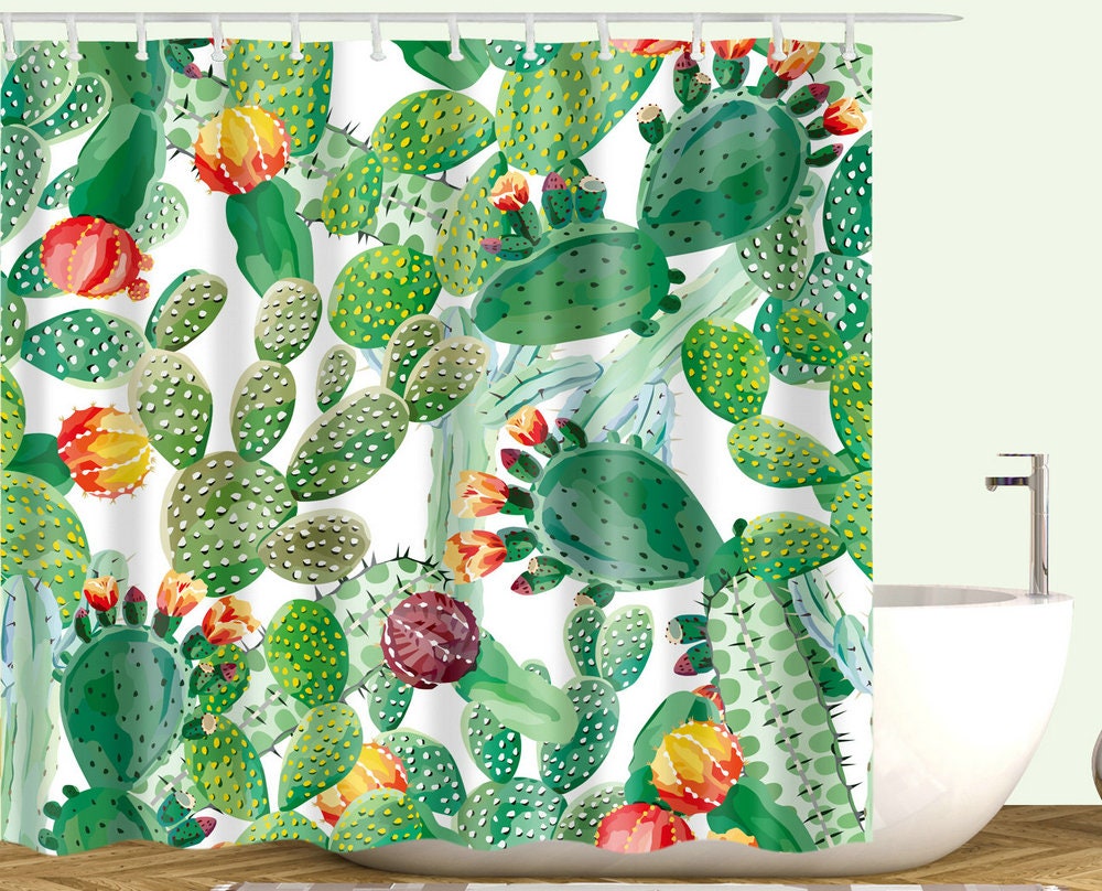 Customized Shower Curtain With Cactus Flower Bathroom Curtain Watercolor Tropical Design - Image 2