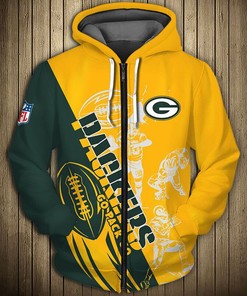 Cute All Over Print 3D Cartoon Player Zip Hoodie For Green Bay Packers Fans