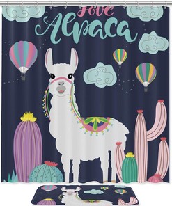 Cute Alpaca Cactus Shower Curtain With Waterproof Fabric, Animal Bathroom Decor