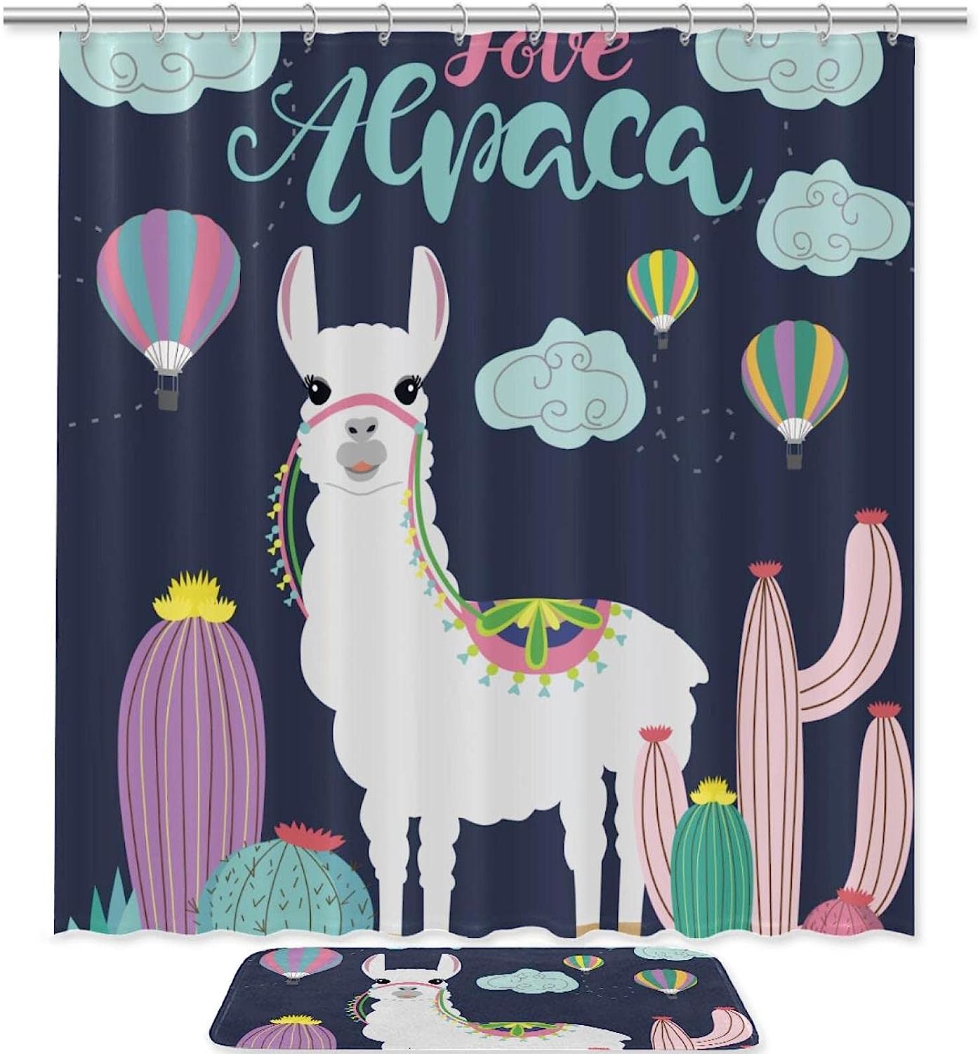Cute Alpaca Cactus Shower Curtain With Waterproof Fabric, Animal Bathroom Decor