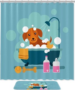 Cute And Blue Animal Waterproof Shower Curtain Bathroom Curtain With Dog Design