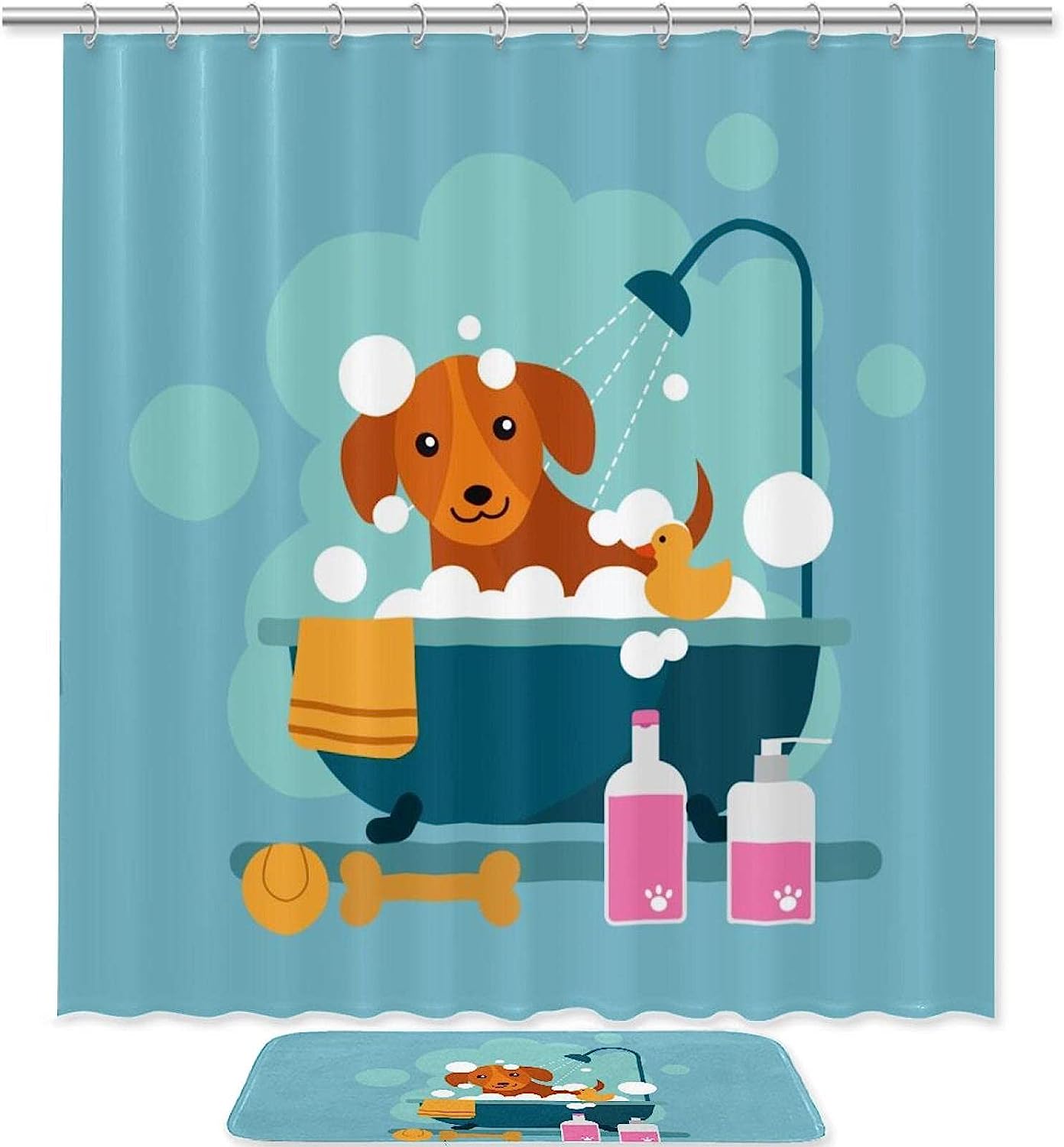 Cute And Blue Animal Waterproof Shower Curtain Bathroom Curtain With Dog Design