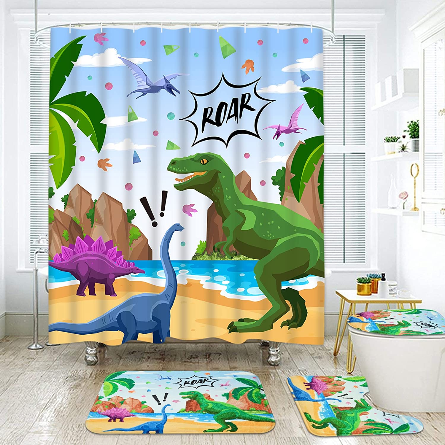 Cute And Colorful Dinosaur Shower Curtain For Kids Bathroom By Alishomtll - Image 2