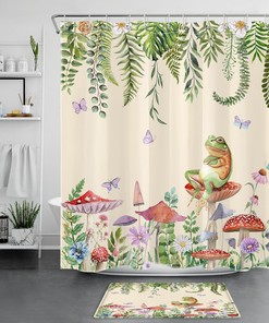 Cute And Fun Butterfly, Frog, And Red Mushroom Shower Curtain For Bathroom Decor
