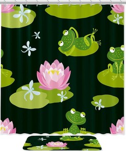 Cute And Fun Frogs On Lotus Leaf Waterproof Shower Curtain - A Perfect Addition To Your Bathroom Decor