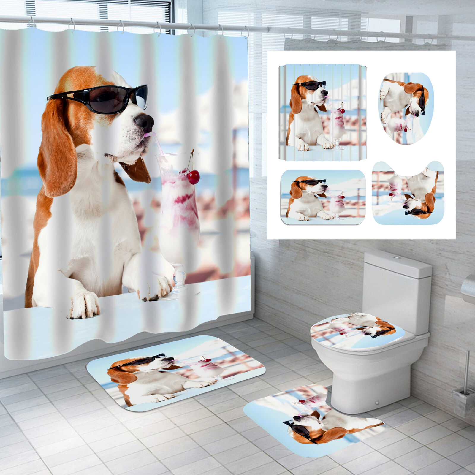 Cute And Fun Waterproof Shower Curtain Bathroom With Dog Eat Ice Cream Design