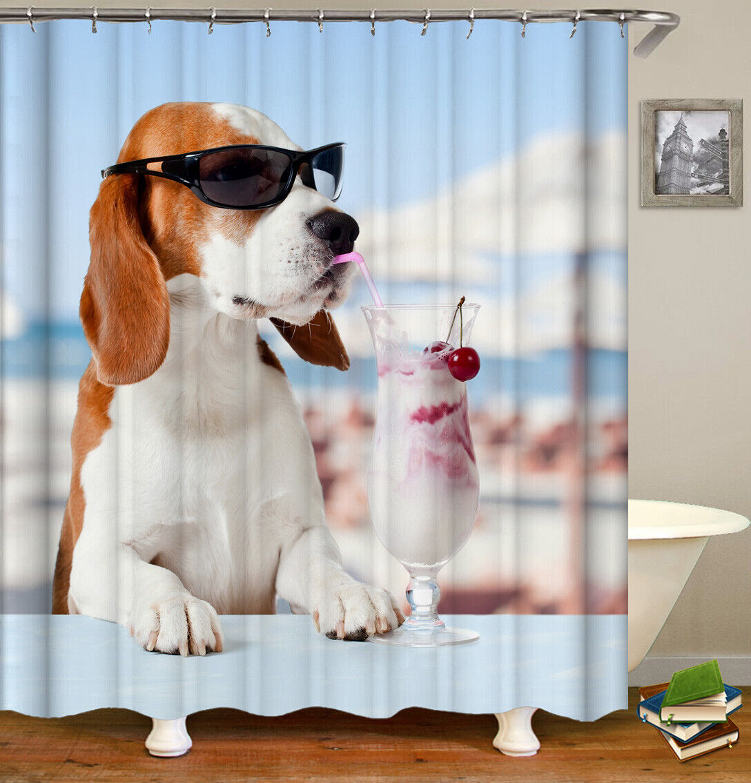 Cute And Fun Waterproof Shower Curtain Bathroom With Dog Eat Ice Cream Design - Image 3