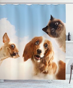 Cute And Funny Dogs And Cats Print Shower Curtain For Sky And Clouds Lovers, Unique Bathroom Decor Idea