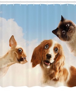 Cute And Funny Dogs And Cats Print Shower Curtain For Sky And Clouds Lovers, Unique Bathroom Decor Idea