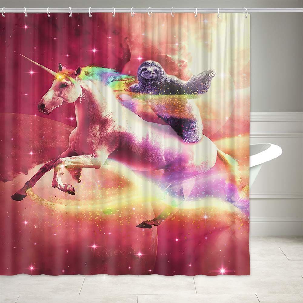 Cute And Funny Sloth Unicorn Fabric Shower Curtain, Waterproof Bathroom Decor