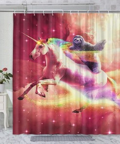 Cute And Funny Sloth Unicorn Fabric Shower Curtain, Waterproof Bathroom Decor