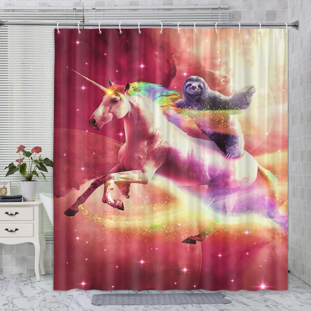 Cute And Funny Sloth Unicorn Fabric Shower Curtain, Waterproof Bathroom Decor