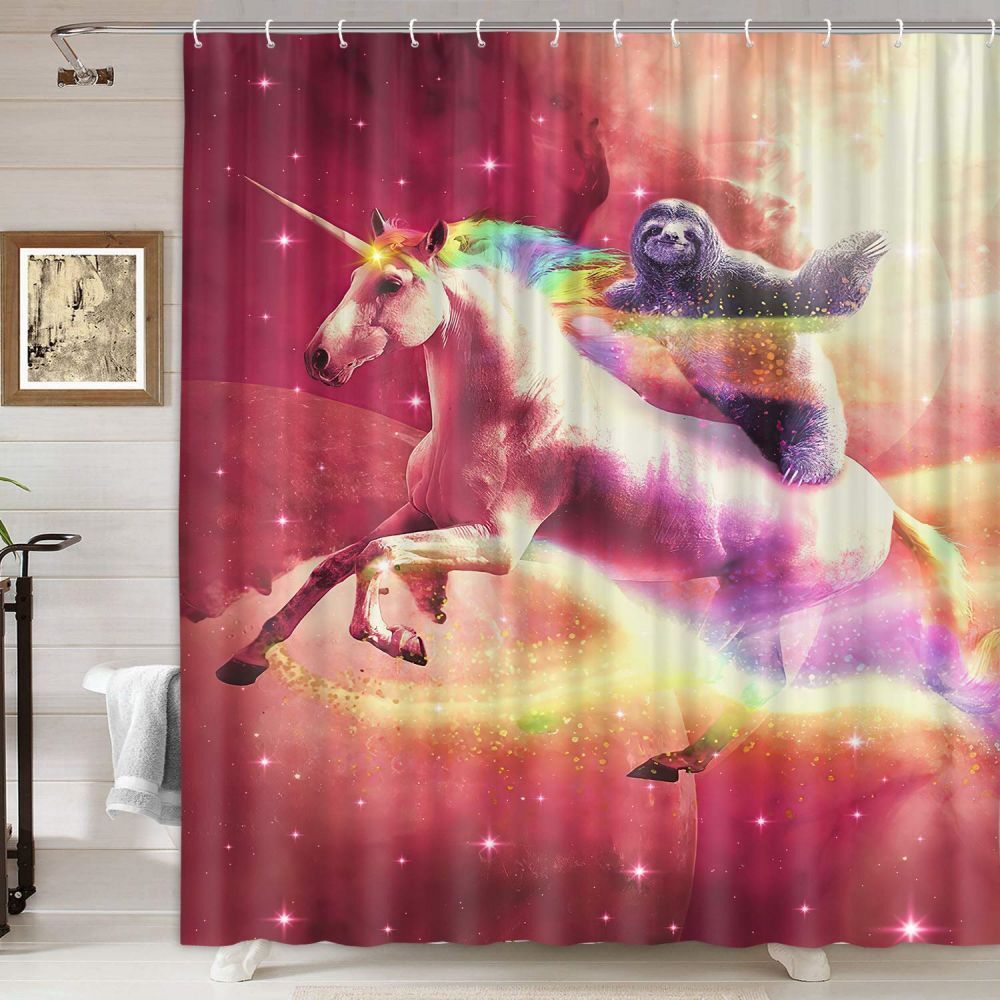 Cute And Funny Sloth Unicorn Fabric Shower Curtain, Waterproof Bathroom Decor