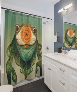 Cute And Mystical Sage Green Anime Frog Shower Curtain - A Unique And Cool Addition To Your Bathroom Decor