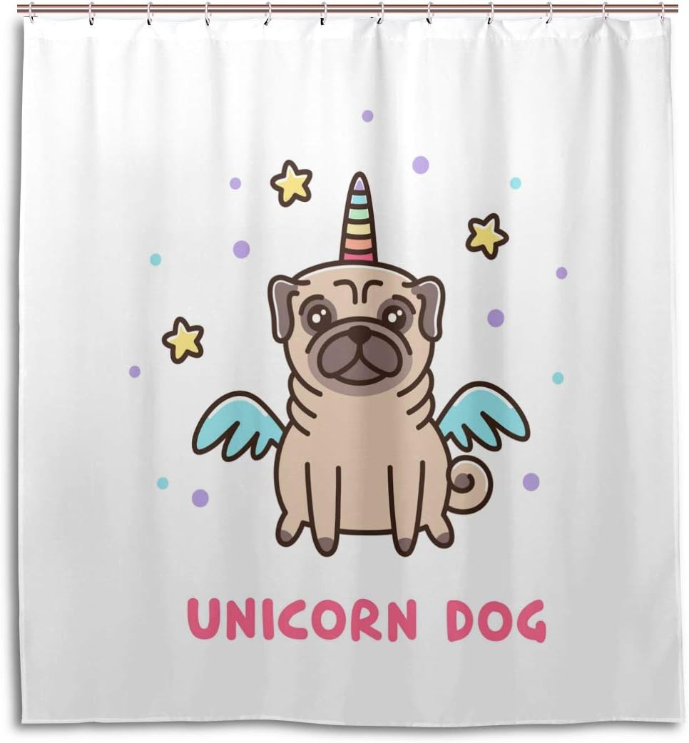Cute And Playful: Alaza Unicorn Pug Dog Bathroom Curtain For Animal Lovers!