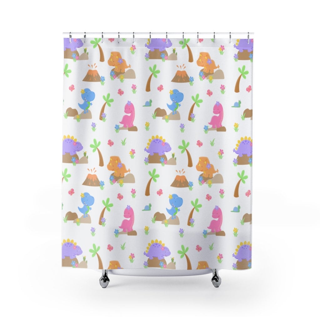 Cute And Playful Dinosaur Shower Curtain For Girls' Bathroom Decor With High-Quality Printing