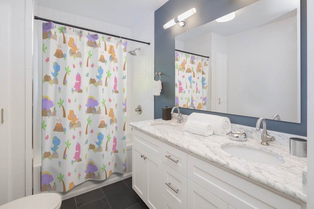 Cute And Playful Dinosaur Shower Curtain For Girls' Bathroom Decor With High-Quality Printing - Image 2