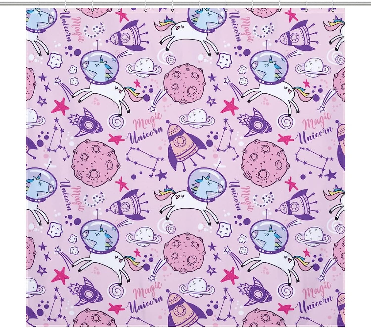 Cute And Playful Unicorn, Stars, And Planets Shower Curtain - Waterproof And Durable