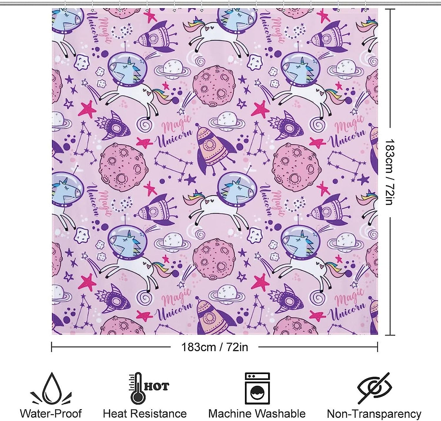 Cute And Playful Unicorn, Stars, And Planets Shower Curtain - Waterproof And Durable - Image 2