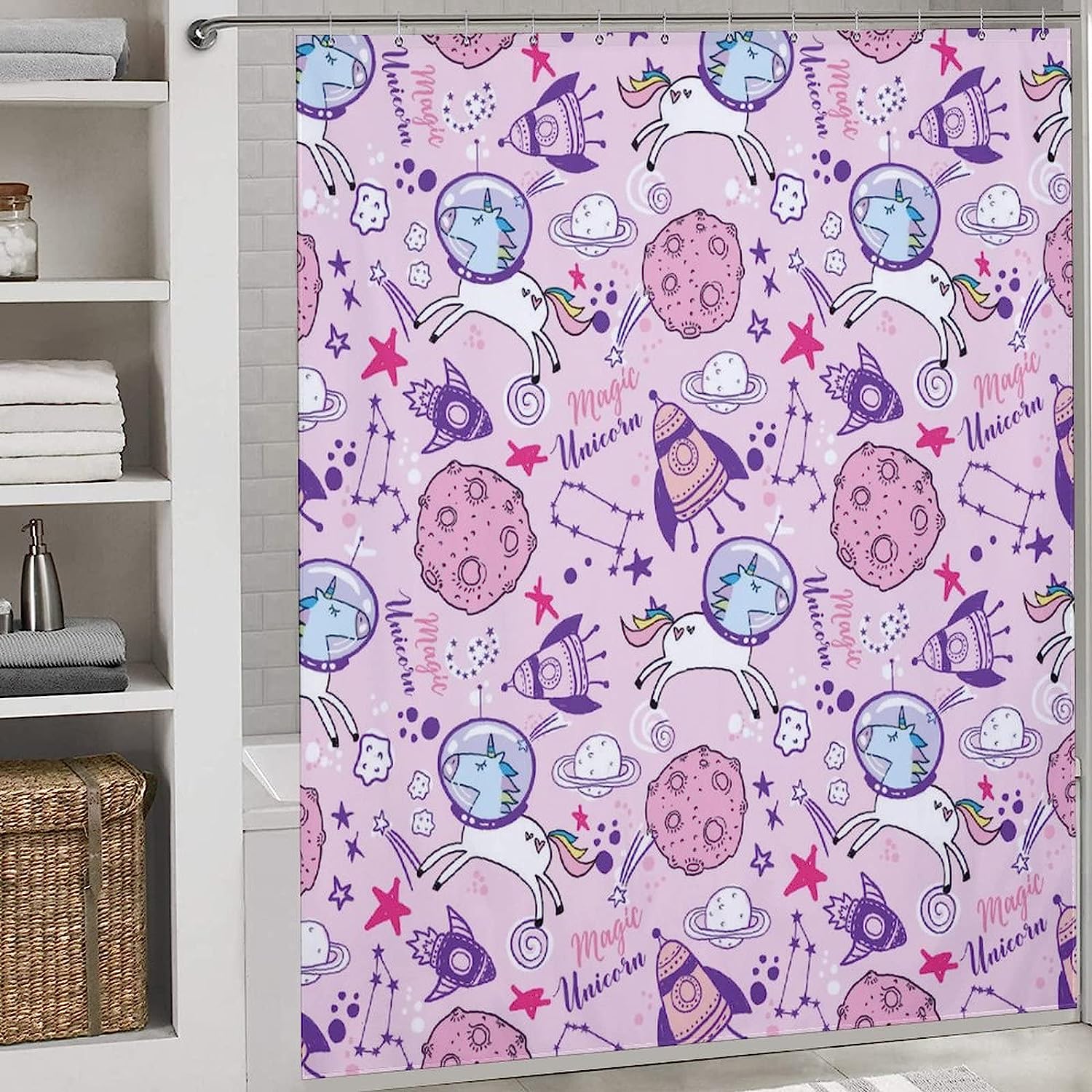Cute And Playful Unicorn, Stars, And Planets Shower Curtain - Waterproof And Durable - Image 3