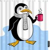 Cute Animal Antarctic Penguins in Striped Scarf Red Cup Blue Water Unique Shower Curtain