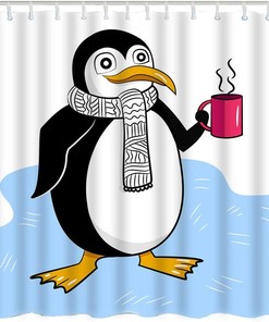 Cute Animal Antarctic Penguins in Striped Scarf Red Cup Blue Water Unique Shower Curtain