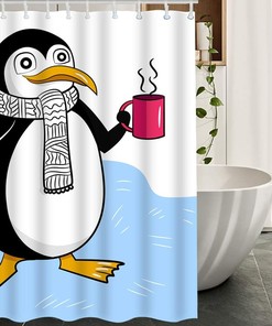 Cute Animal Antarctic Penguins in Striped Scarf Red Cup Blue Water Unique Shower Curtain