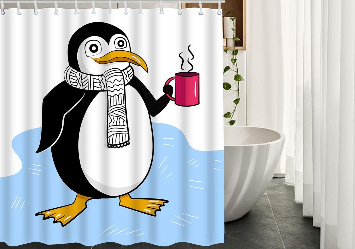 Cute Animal Antarctic Penguins in Striped Scarf Red Cup Blue Water Unique Shower Curtain