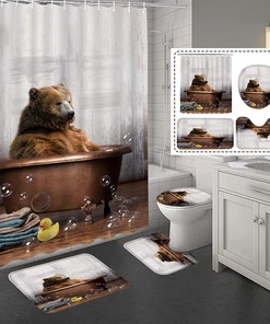 Cute Animal Bathtub Tiger Print Bear Shower Curtain With Toilet Mat And Lid, Wildlife Bathroom Decor