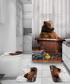 Cute Animal Bathtub Tiger Print Bear Shower Curtain With Toilet Mat And Lid, Wildlife Bathroom Decor