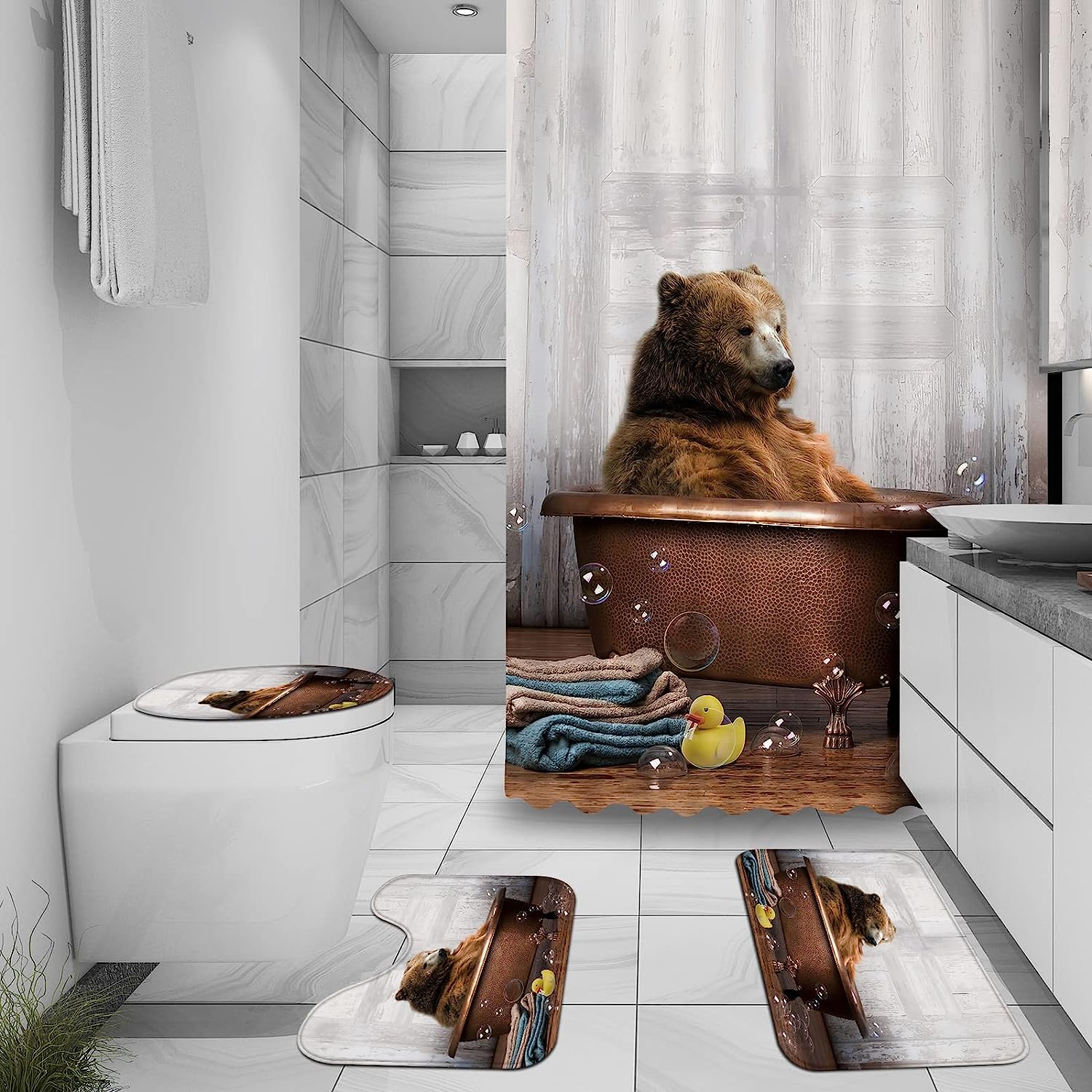 Cute Animal Bathtub Tiger Print Bear Shower Curtain With Toilet Mat And Lid, Wildlife Bathroom Decor
