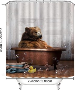 Cute Animal Bathtub Tiger Print Bear Shower Curtain With Toilet Mat And Lid, Wildlife Bathroom Decor