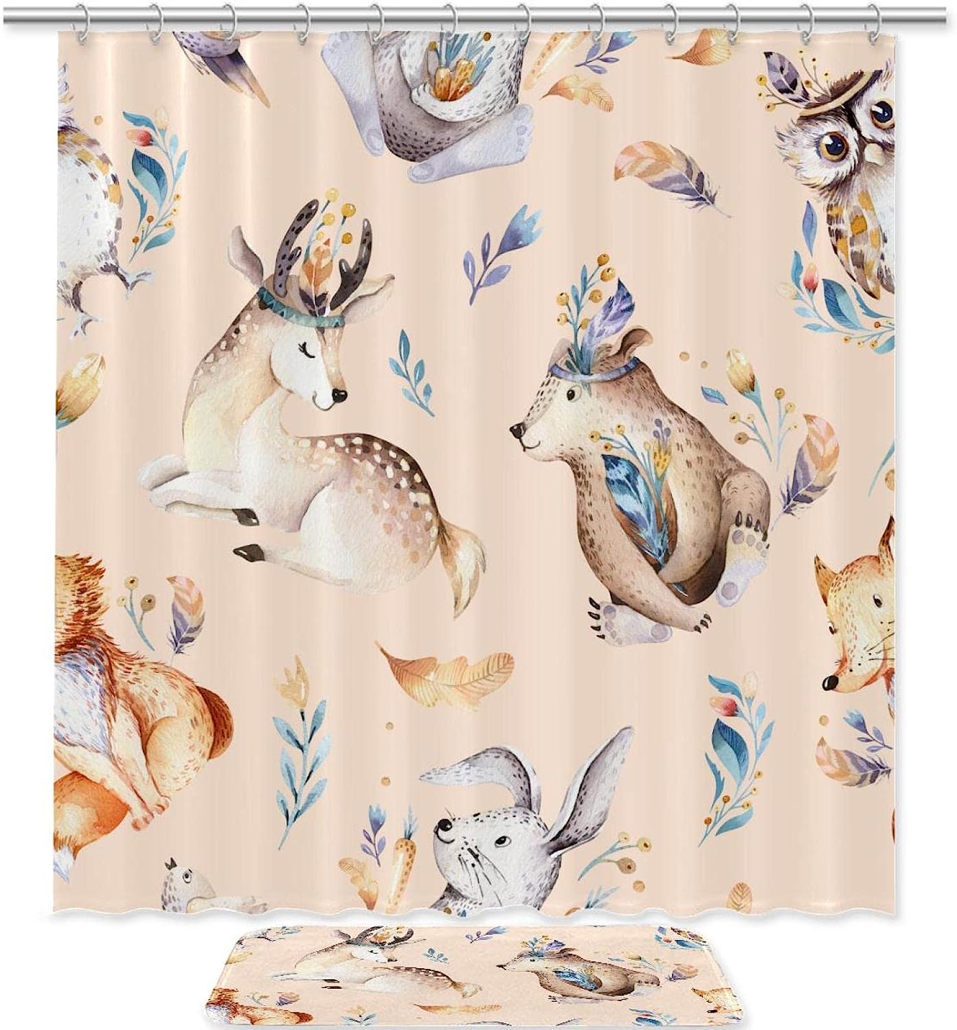 Cute Animal Boho Shower Curtains With Fox, Deer, Rabbit, And Bear For Kids Bathroom