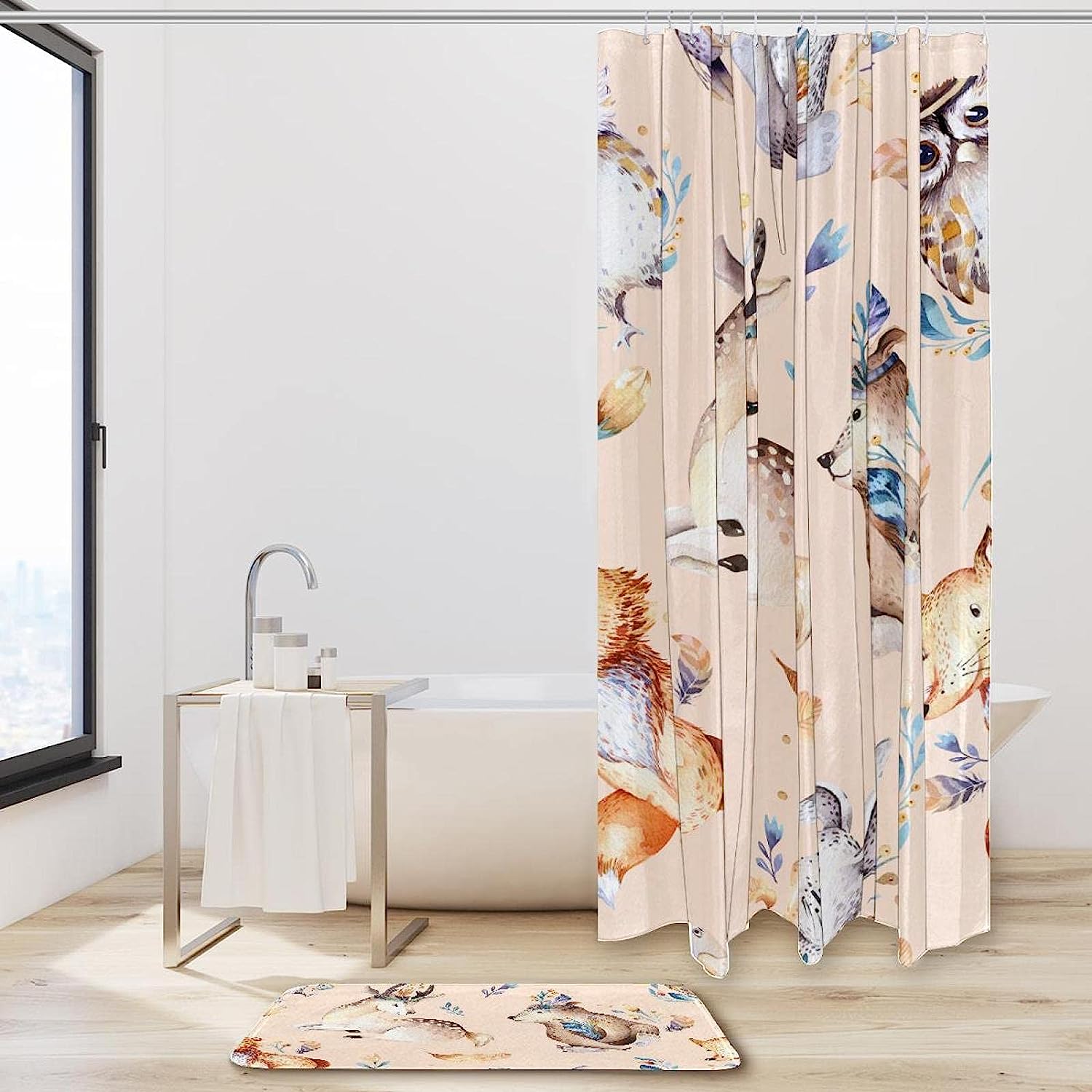 Cute Animal Boho Shower Curtains With Fox, Deer, Rabbit, And Bear For Kids Bathroom - Image 2