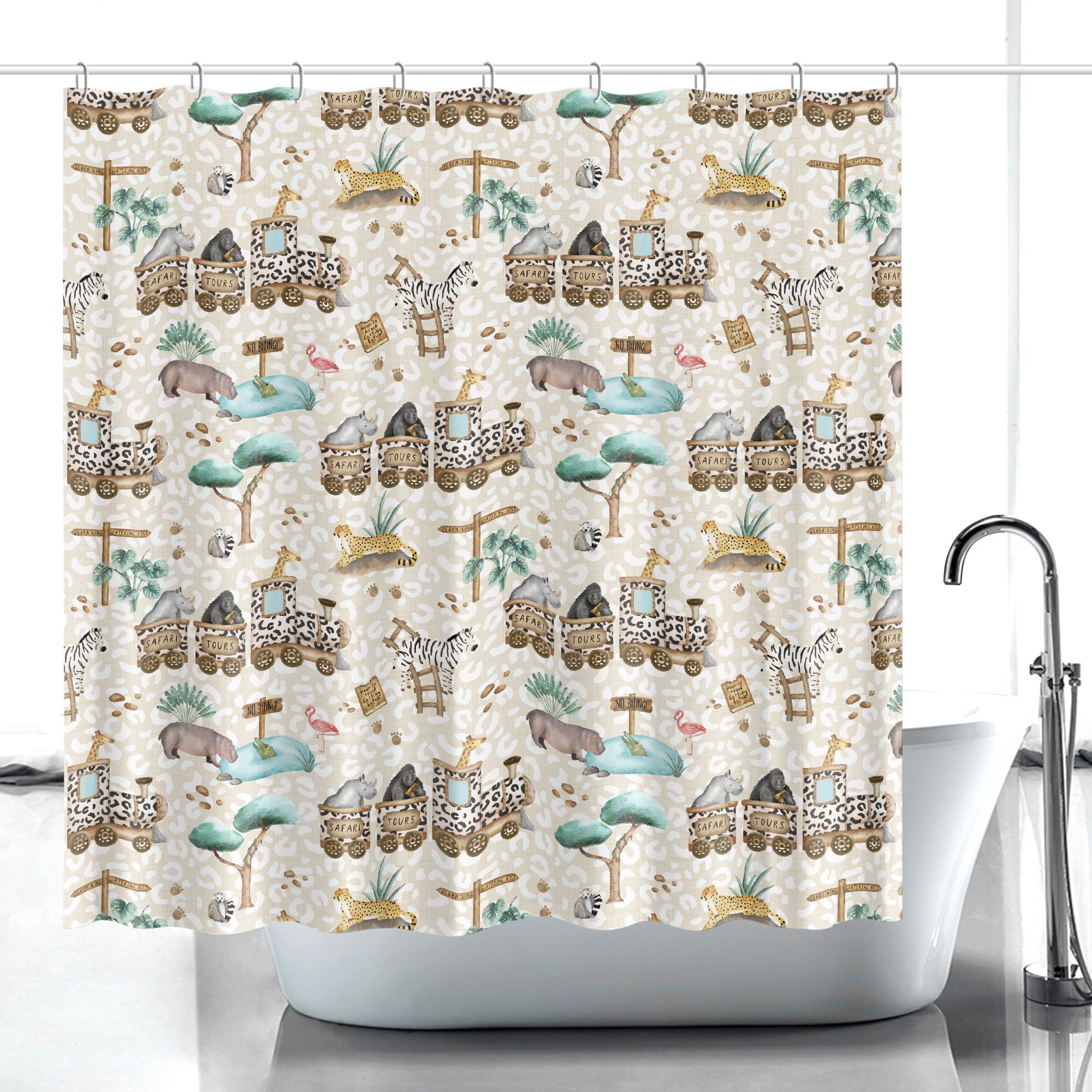 Cute Animal Curtain Safari Jungle Kids Shower Curtain for Bathroom Decor