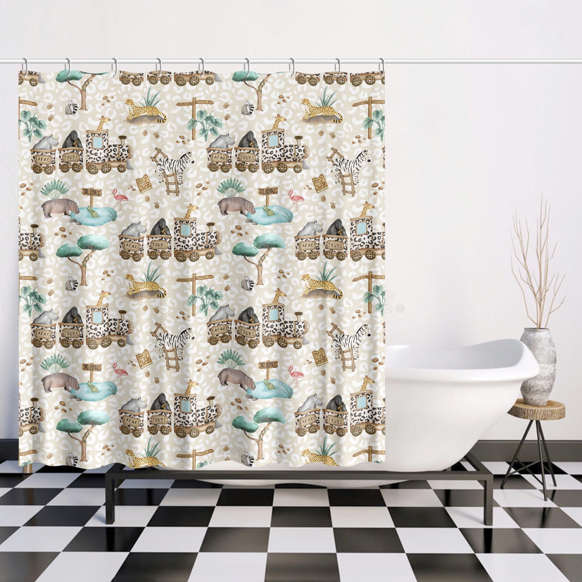 Cute Animal Curtain Safari Jungle Kids Shower Curtain for Bathroom Decor