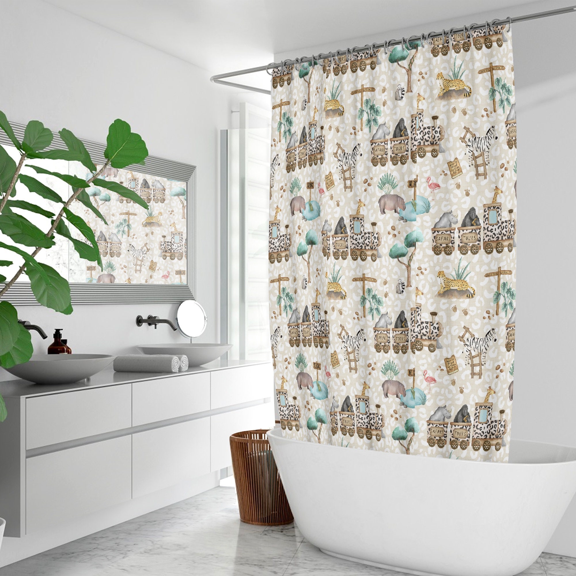 Cute Animal Curtain Safari Jungle Kids Shower Curtain for Bathroom Decor