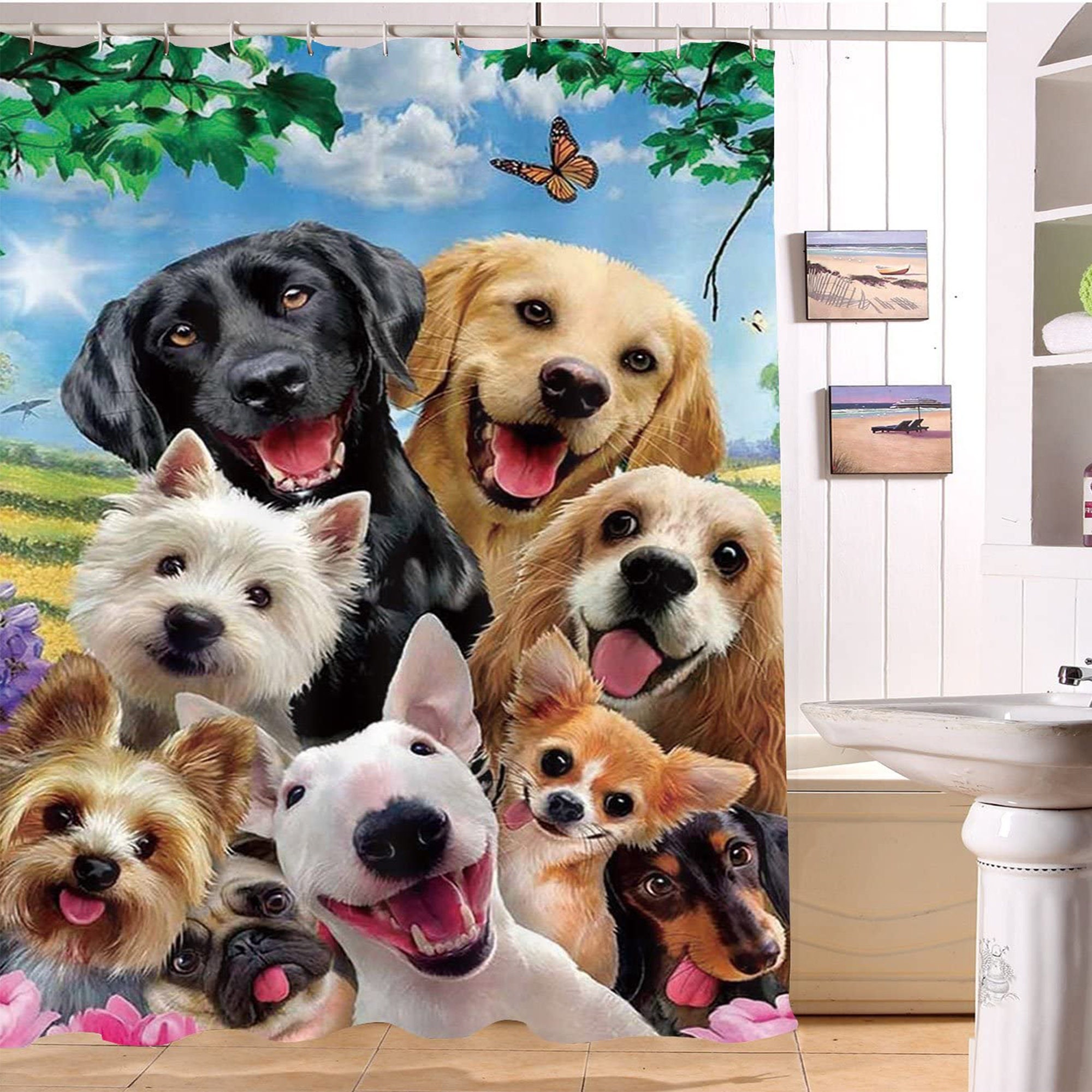Cute Animal Design Lovely Puppies Pets Shower Curtain for Kids Bathroom.