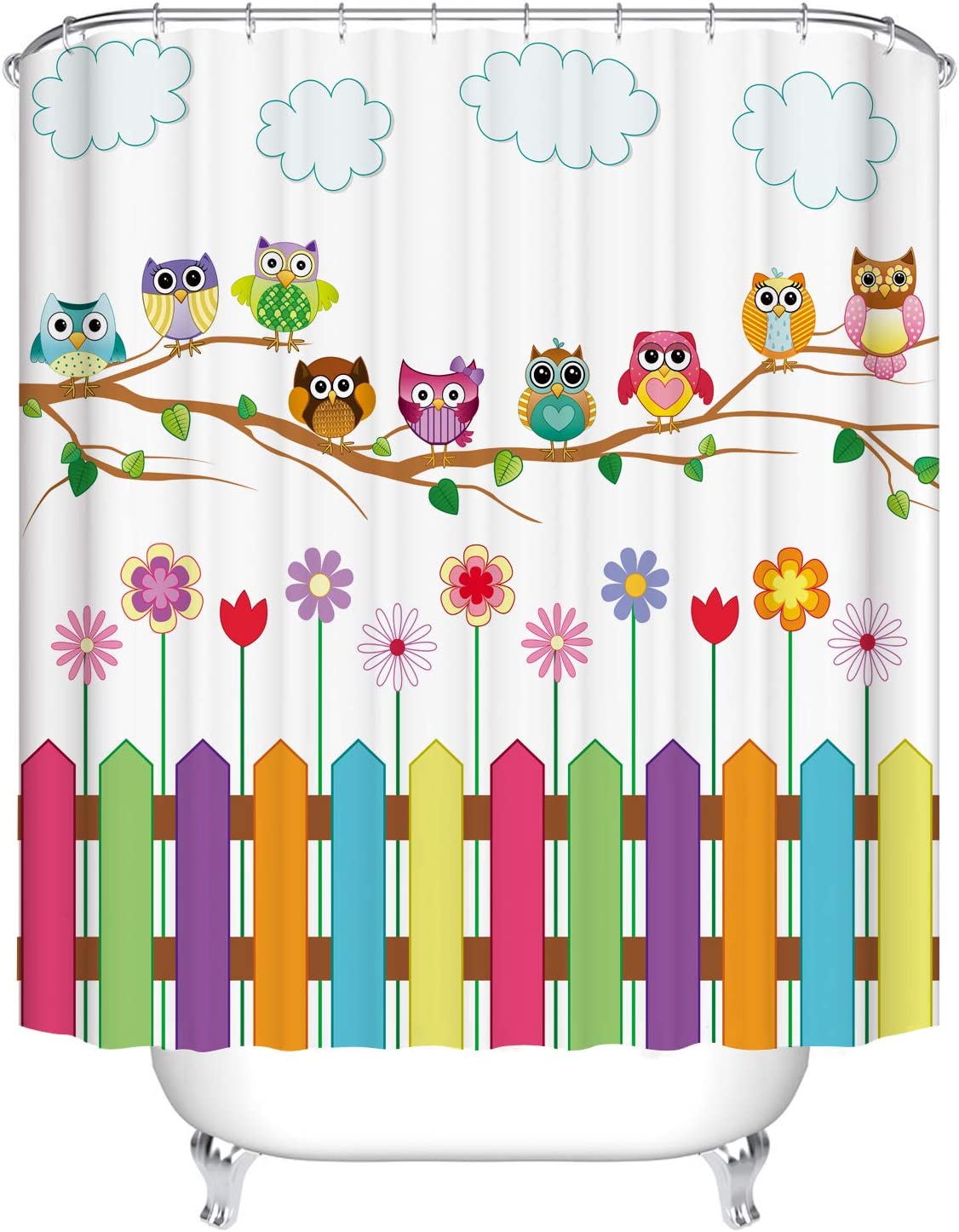 Cute Animal Design Owls Shower Curtain With Farmhouse Theme Waterproof Fabric