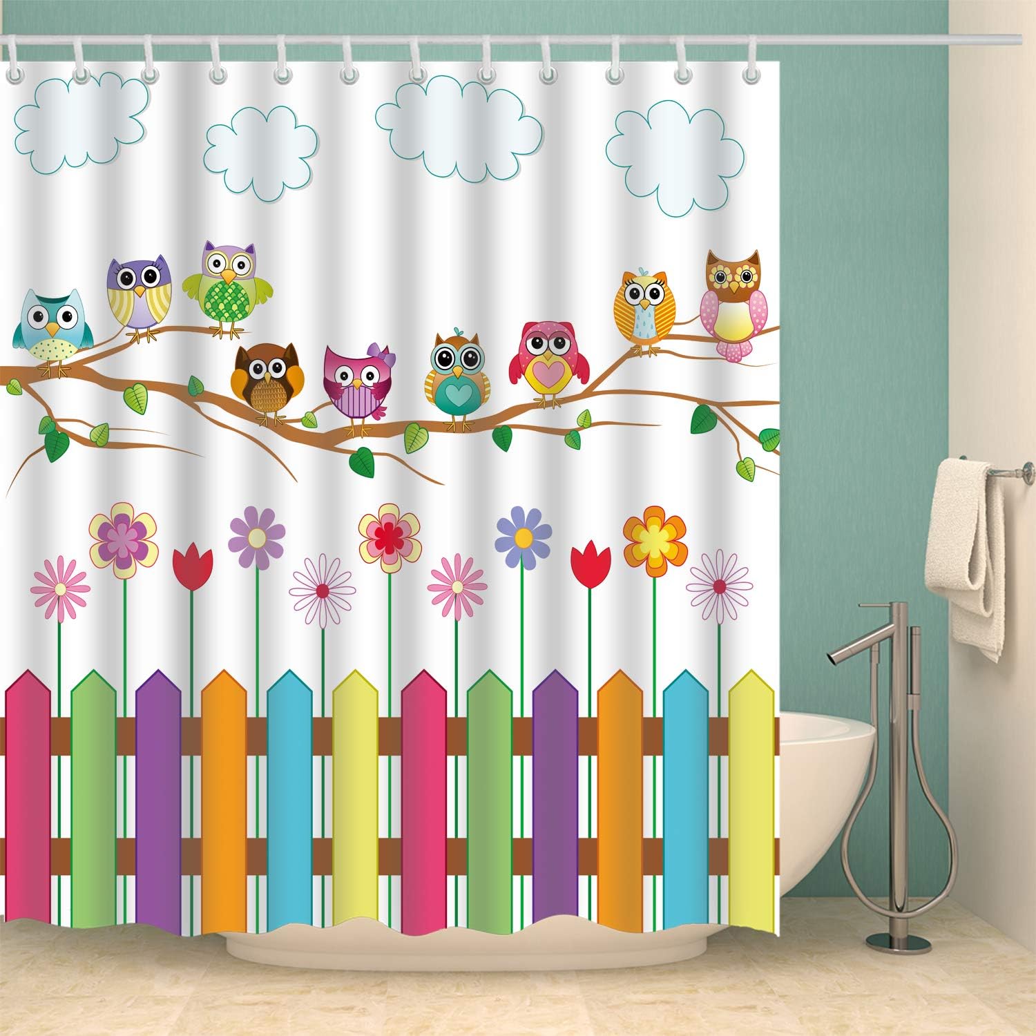 Cute Animal Design Owls Shower Curtain With Farmhouse Theme Waterproof Fabric - Image 2