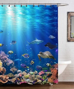 Cute Animal Fish Turtle Blue Ocean Nautical Shower Curtain For Home Decor
