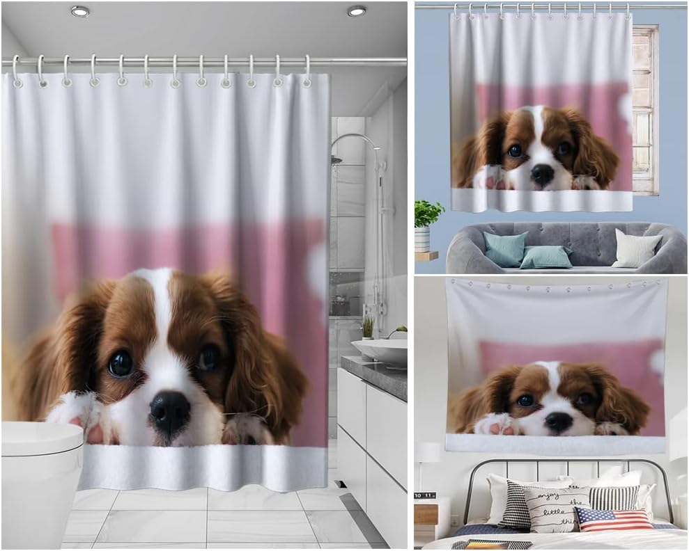 Cute Animal Funny Dog Shower Curtain Waterproof Washable Pink Brown