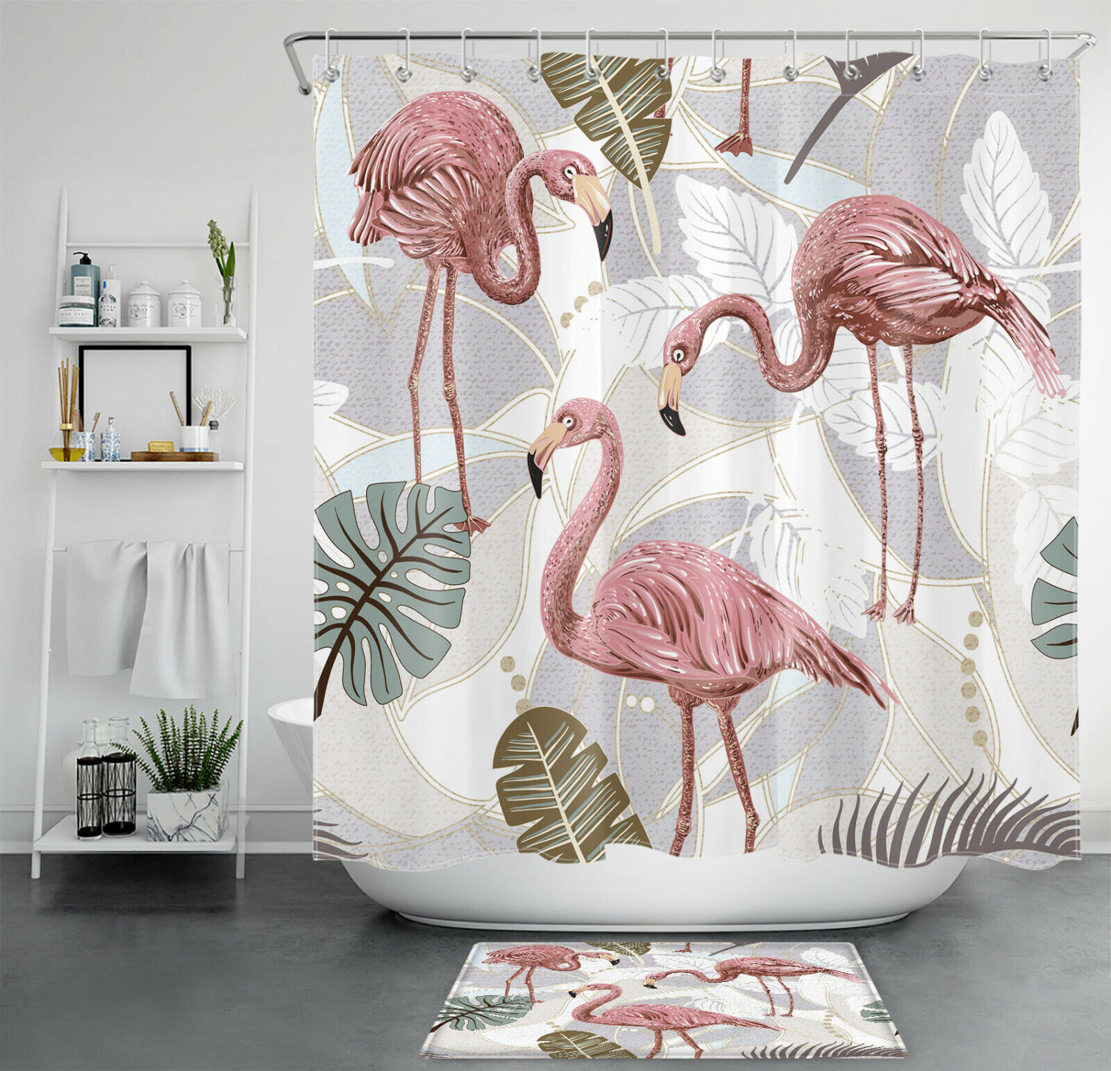 Cute Animal Shower Curtain - Flamingos And Monstera Leaves For A Fun Bathroom Ambiance
