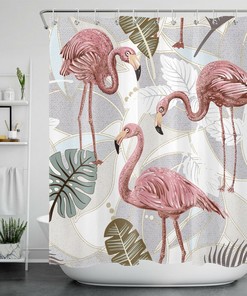 Cute Animal Shower Curtain - Flamingos And Monstera Leaves For A Fun Bathroom Ambiance