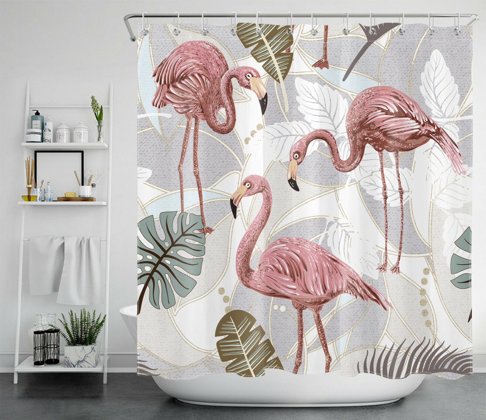Cute Animal Shower Curtain - Flamingos And Monstera Leaves For A Fun Bathroom Ambiance